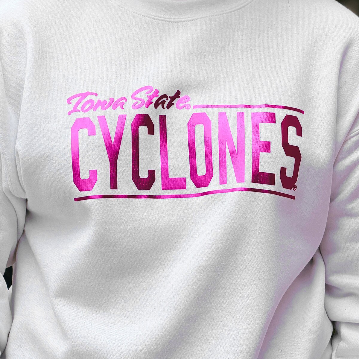 Champion Iowa State Cyclones White Powerblend Crewneck Sweatshirt design close up